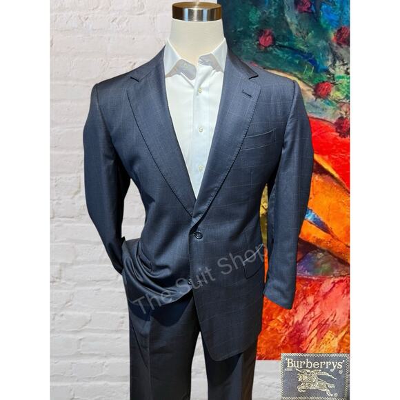 Burberry Other - Vintage Burberry Suit 43L 36x32 Slate Blue Plaid Super 100s Designer Luxury